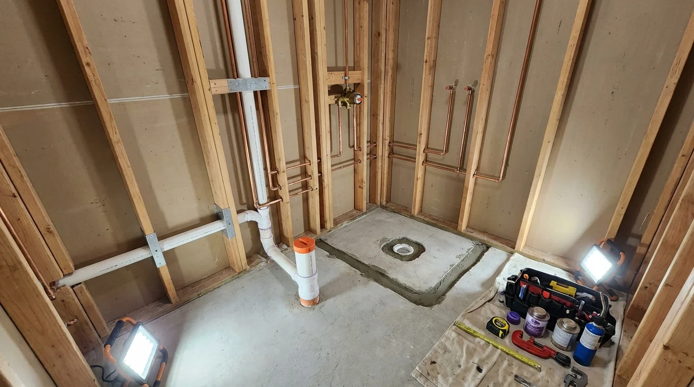 Bathroom rough-in plumbing during remodel by Johns Plumbing LLC in Crooksville