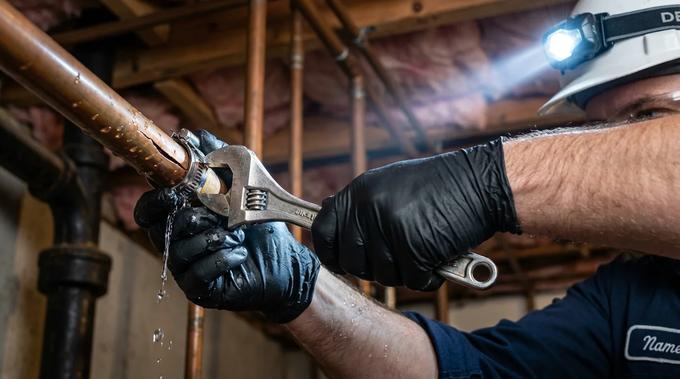 Emergency pipe clamp repair being performed by a Johns Plumbing LLC plumber in Crooksville