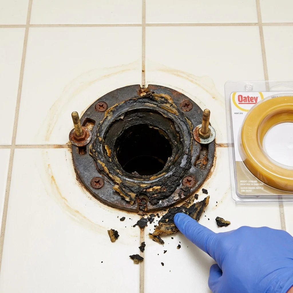Failed wax ring showing water seepage at the base of a toilet in a Crooksville, OH home