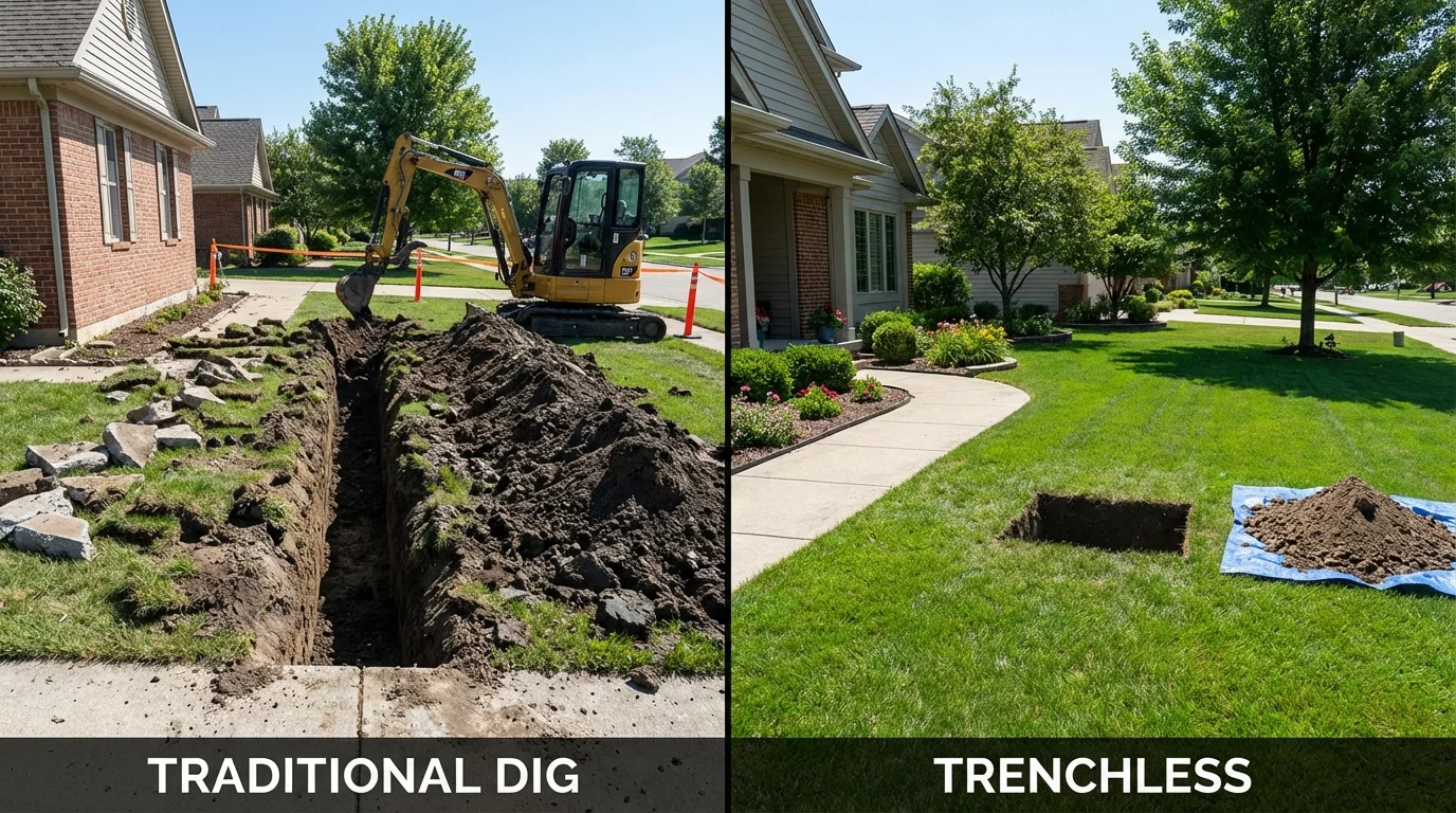 Trenchless sewer repair with minimal yard damage versus traditional excavation in Crooksville, OH