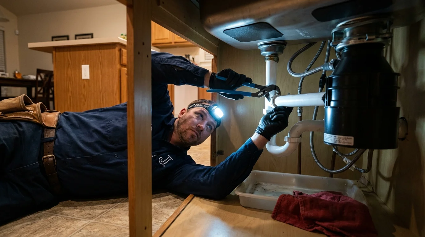 P-trap and supply line connections under a kitchen sink showing a common leak point in Crooksville, OH